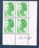 Timbres poste de France bloc de quatre timbres avec coin daté du 20. 11. 81. neuf. Réf Yvert & Tellier N° 2186, timbres Liberté de Delacroix valeur 1f.40 vert.
