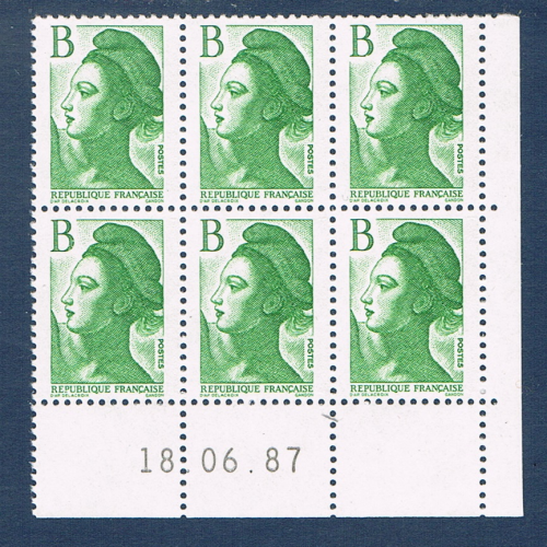 Timbres poste de France bloc de six timbres avec coin daté du 18. 06. 87. neuf. Réf Yvert & Tellier N° 2483, timbres Liberté avec lettre B vert, lot N° 3.
