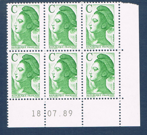 Timbres poste de France bloc de six timbres avec coin daté du 18. 07. 89. neuf. Réf Yvert & Tellier N° 2615, timbres Liberté avec lettre C vert, lot N° 1.