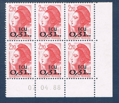 Timbres poste de France bloc de six timbres avec coin daté du 07. 04. 88. neuf. Réf Yvert & Tellier N° 2530, timbres Liberté avec en surcharge valeur convertie en monnaie européenne 0,31.ECU lot N° 3.
