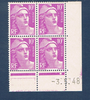 Timbres poste de France bloc de quatre timbres avec coin daté du 3. 5. 48. neuf. Réf Yvert & Tellier N° 811 type Marinne de Gandon valeur 10 f. lilas. bloc intact.