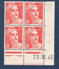 Timbres poste de France bloc de quatre timbres avec coin daté du 23. 10. 46. neuf. Réf Yvert & Tellier N° 721 type Marianne de Gandon valeur 6 f. rouge, bloc intact.