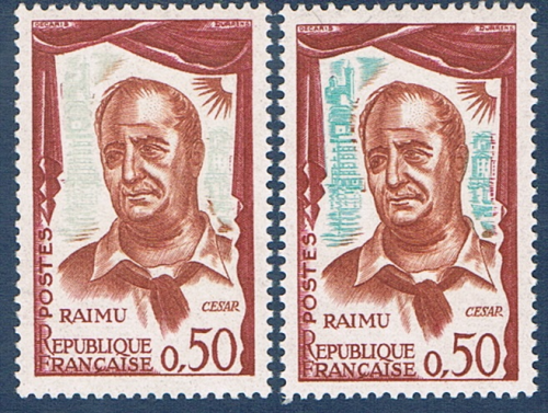 Timbres N° 1304 neuf avec variété d'impression de couleur sans fond vert + 1 timbre normal  émis en 1961. Descriptif: Raimu dans le rôle de César.