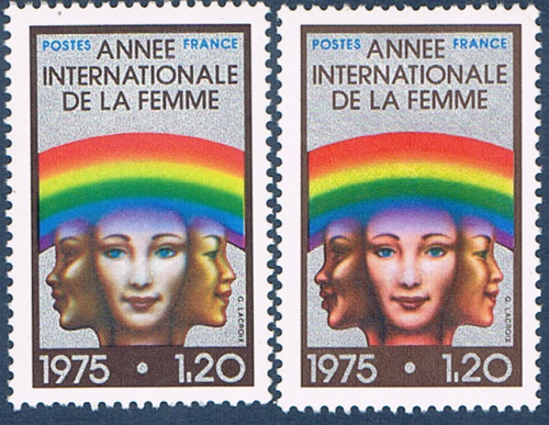 Timbres N° 1857 neuf avec variété d'impression de couleur du visage de la femme rose pâle + 1 timbre normal, timbres  émis en 1975. Descriptif: Année internationale de la femme.