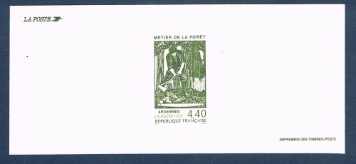 Gravure des timbres poste série métier bûchron N° 2943. Descriptif; Métier de la Forêt, bûcheron des Ardennes.