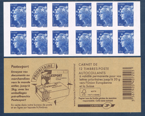 Carnet 12 timbres adhésifs Marianne Beaujard bleu Europe