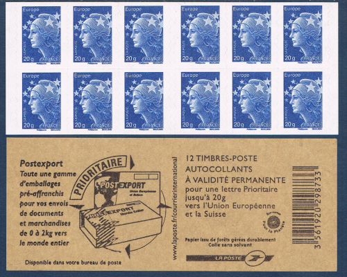 Carnet 12 timbres adhésifs Marianne bleu Europe N°592-C1