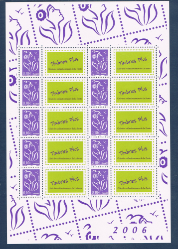 Bloc feuillet Réf Yvert & Tellier N° 3916A Descriptif: Mini bloc type  Marianne de Lamouche émis en feuillet de 10 timbres attenant chacun à une