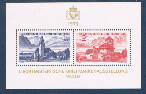Timbre Liechtenstein bloc feuillet dentelés 2 valeurs émis en 1972 Réf Yvert & Tellier N° 12 neuf. Descriptif: 8ème  exposition philatélique Liba.