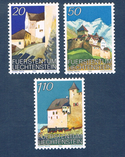 Timbres Liechtenstein série 3 valeurs émises en 1986. Réf Yvert & Tellier N°837 / 839 neufs. Descriptif: Timbres série courante château de Valduz du Liechtenstein.