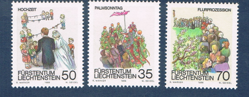 Timbres Liechtenstein série 3 valeurs émises en 1986. Réf Yvert & Tellier N° 840 / 842 neufs. Descriptif: Timbres coutumes de printemps du Liechtenstein.