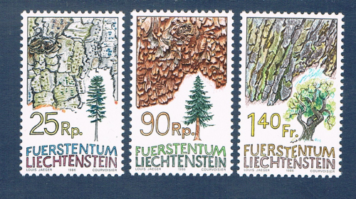 Timbres Liechtenstein série 3 valeurs émises en 1986. Réf Yvert & Tellier N° 854 / 856 neufs. Descriptif: timbres des arbres et leur écorce du Liechtenstein.