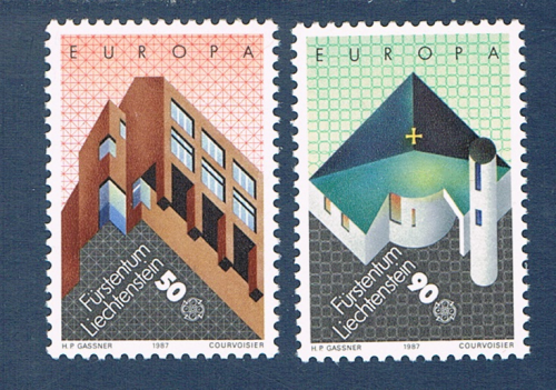 Timbres Liechtenstein série 2 valeurs émises en 1987. Réf Yvert & Tellier N° 859 / 860 neufs. Descriptif: Timbres europa architecture moderne du bâtiment du Liechtenstein.