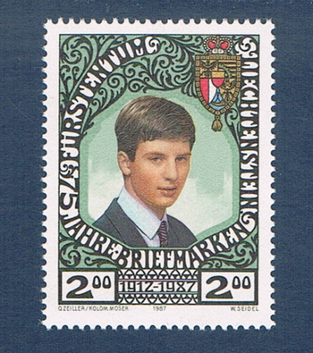 Timbre Liechtenstein émis en 1987. Descriptif: Réf Yvert & Tellier N° 862 neuf. Descriptif; Timbre 75ème anniversaire des timbres poste du Liechtenstein.