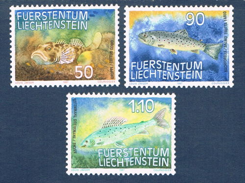 Timbres Liechtenstein série 3 valeurs émises en 1987. Réf Yvert & Tellier N° 863 / 865 neufs. Descriptif Timbres poissons d'eau douce du Liechtenstein.