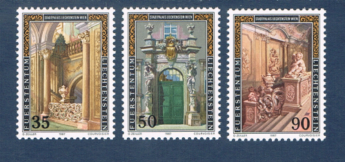 Timbres Liechtenstein série 3 valeurs émises en 1987. Réf Yvert & Tellier N° 866 / 868 neufs.  Descriptif: Timbres palais du Liechtenstein à Vienne.