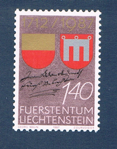 Timbre Liechtenstein émis en 1987. Réf Yvert & Tellier N° 869 neuf. Descriptif: Timbre 275ème anniversaire du transfert du comté de Vaduz aux princes du Liechtenstein.