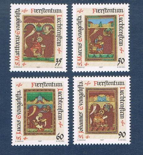 Timbres Liechtenstein série 4 valeurs émises en 1987. Ref Yvert & Tellier N° 871 / 874 neufs. Descriptif: Timbres de Noêl les évangélistes du Liechtenstein.