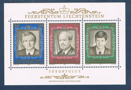 Timbres Liechtenstein bloc feuillet dentelés émis en 1988. Réf Yvert & Tellier N 16 neuf. Descriptif: Succession au trône de S.A.le prince François-Joseph II de Liechtenstein.
