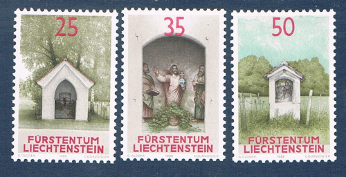 Timbres Liechtenstein série 3 valeurs émises en 1988. Réf Yvert & Tellier N° 892 / 894 neufs. Descriptif: Chapelle Kaltweh de Balzers.