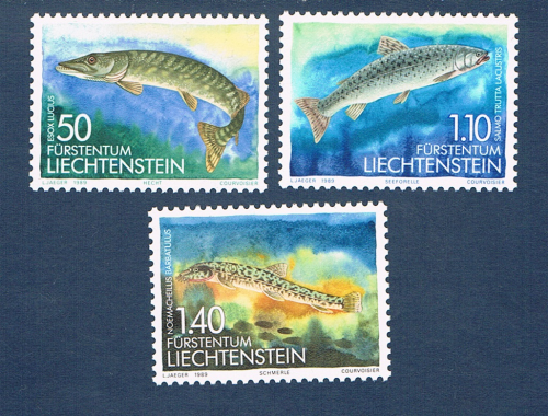 Timbres Liechtenstein série 3 valeurs émises en 1989. Réf 905 / 907 neufs. Timbres série poissons d'eau douce.