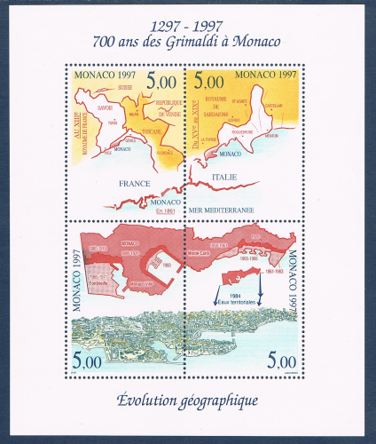 Monaco bloc feuillet. Réf Yvert & Tellier N° 76 neuf. Descriptif: Evolution géographique, 700 ans des Grimaldi à Monaco. Offre spéciale 4,35€.
