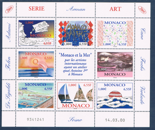 Monaco mini feuille avec une vignette centrale sans valeur. Réf Yvert & Tellier N° 2240 à 2247 neufs. Descriptif: Monaco et la mer, par les artistes internationaux.