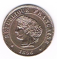 Monnaie Française 1 centime Cérès émise en 1896A bronze. Descriptif: Tête de la République à gauche en Cérès. Offre spéciale 9,95€.