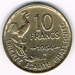 Pièce rare 10 Francs bronze Guiraud 1954B Tête Marianne cheveux