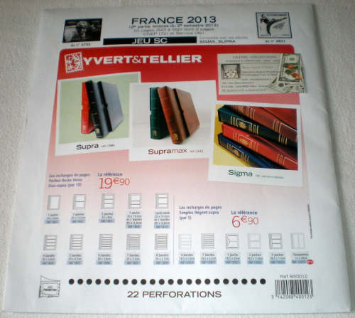 Jeu SC complémentaire France 2013 luxe avec pochettes, 2ème partie, 10 pages 543 à 550  dont 2 pages CNEP 7z et service 4s. Réf Yvert & Tellier article 840012, type 22 perforations.