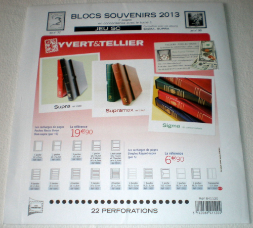 Jeu SC complémentaire France 2013 blocs souvenirs luxe avec pochettes du 77 au 90. Réf Yvert & Tellier article 841120, type 22 perforations.
