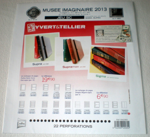 Jeu SC complémentaire France 2013 musée imaginaire, feuilles luxes avec pochettes du p.m.i. 68 à p.m.i. 69 - 2 pages. Réf Yvert & Tellier article 840060, type 22 perforations.