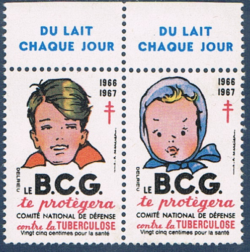 France la paire de vignettes avec bord de feuilles publicitaire. Descriptif: Du lait chaque jour garçon et fille, le B.C.G. te protègera, comité national de défense contre la tuberculose. 1966 / 1967.