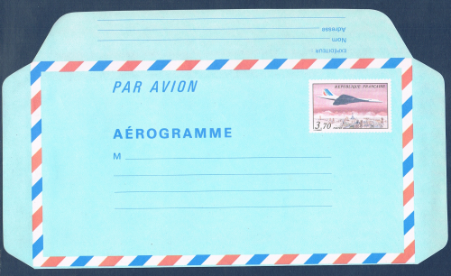 Aérogramme Français: Avion Concorde survolant Paris. Réf Yvert & Tellier N° 1014 neuf. Descriptif: type de 1982, valeur 3f.70, multicolore.