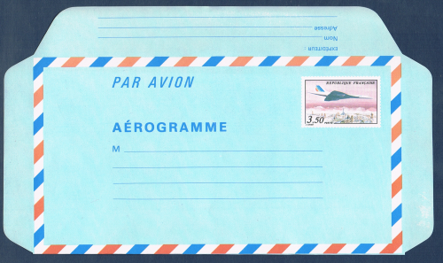 Aérogramme Français: Avion Concorde survolant Paris. Réf Yvert & Tellier N° 1012 neuf. Descriptif: type de 1982, valeur 3f.50, noir et multicolore.