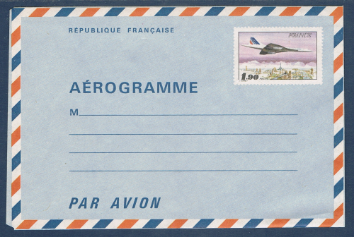 Aérogramme Français: Avion Concorde survolant Paris. Réf Yvert  & Tellier N° 1005-AER neuf, plié. Descriptif: type de 1977-80, valeur 1f.90, noir et polychrome.