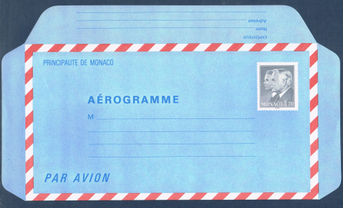 Aérogramme de Monaco: Princes Rainier III et Albert. Réf Yvert & Tellier N°507 neuf plié. Descriptif: Légende principauté de Monaco, type de 1986, valeur 3f.70 noir-bleu.