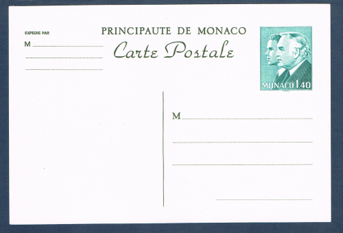Carte postale de Monaco: Princes Rainier III et Albert. Réf Yvert & Tellier N° 36 neuf. Descriptif: Légende principauté de Monaco, type de 1981, valeur 1f.40 vert-blanc.