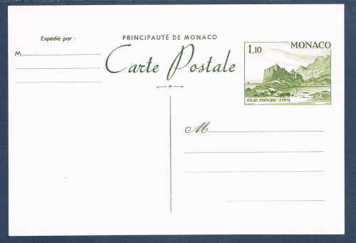 Carte postale de Monaco: Palais princier XVIII e s. Réf Yvert & Tellier N° 35 neuf. Descriptif: Légende principauté de Monaco, type de 1980, valeur 1f.10 turquoise-blanc.
