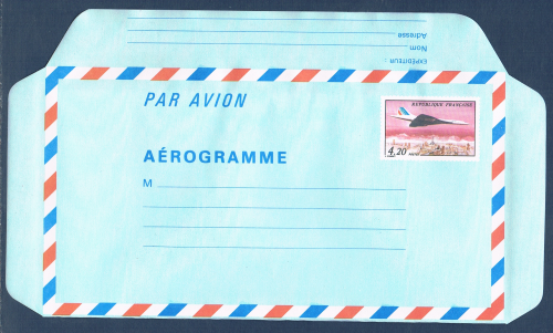 Aérogramme Français: Avion Concorde survolant Paris. Réf Yvert & Tellier N° 1016-AER neuf, plié. Descriptif: type de 1982 valeur 4f.20, multicolore.