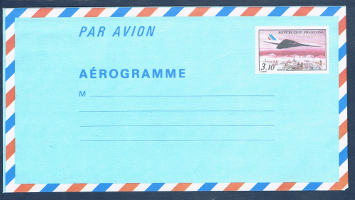 Aérogramme Français: Avion Concorde survolant Paris. Réf Yvert & Tellier N° 1009-AER neuf, plié. Descriptif: type de 1982 valeur 3f.10, noir et polychrome.