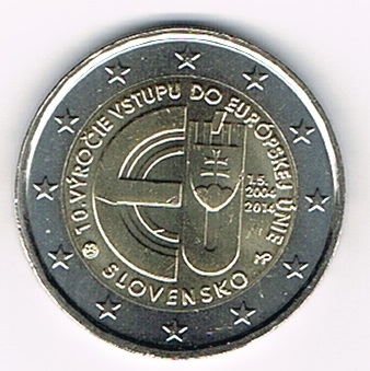 Pièce 2 Euro commémorative Slovaquie 2014. Descriptif: Monnaie commémorant le 10 ème anniversaire de l'entrée de la république slovaque dans l'union Européenne.