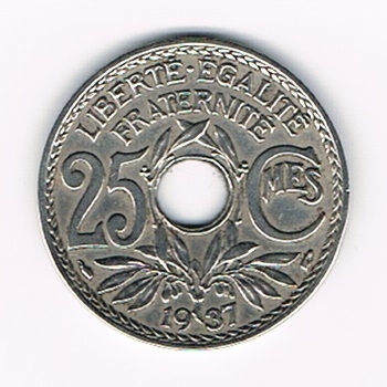 Pièce Française de 25 centimes  Lindauer, émise en 1937 état TTB+, pièce rare. Descriptif: Edmond-Emile Lindauer, diamètre 24mm - 5g -en cupro-nickel.