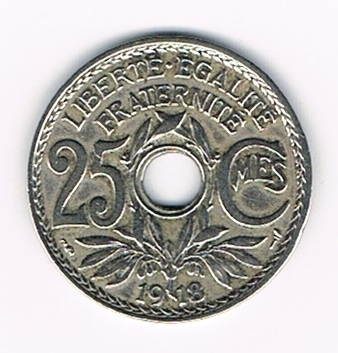 Pièce Française de 25 centimes  Lindauer, émise en 1918 état TTB+, pièce rare. Descriptif: Edmond-Emile Lindauer, diamètre 24mm - 5g -en cupro-nickel.