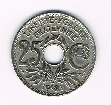 Pièce Française de 25 centimes  Lindauer, émise en 1921 état TTB+, pièce rare. Descriptif: Edmond-Emile Lindauer, diamètre 24mm - 5g -en cupro-nickel.