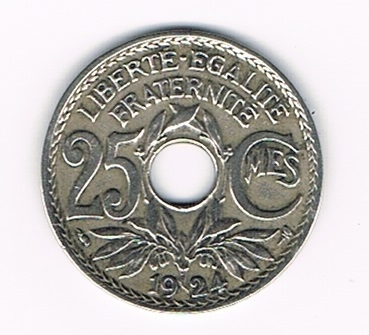 Pièce Française de 25 centimes  Lindauer, émise en 1924 état TTB+, pièce rare. Descriptif: Edmond-Emile Lindauer, diamètre 24mm - 5g -en cupro-nickel.
