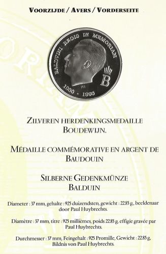 Belgique Médaille Argent mémoire Roi Baudouin Blason 1993