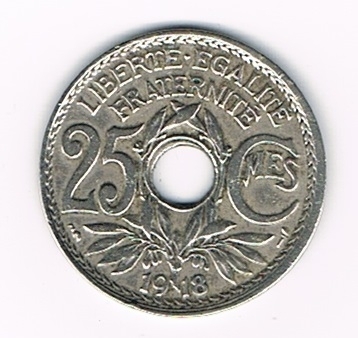 Pièce Française de 25 centimes Lindauer, émise en 1918 état TTB, pièce rare. Descriptif: Edmond-Emile Lindauer, diamètre 24mm - 5g -en cupro-nickel.