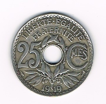 Pièce Française de 25 centimes Lindauer, émise en 1919 état TB, pièce très rare. Descriptif: Edmond-Emile Lindauer, diamètre 24mm - 5g -en cupro-nickel.