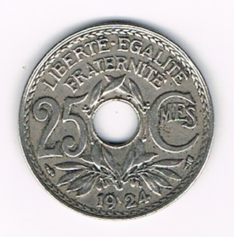 Pièce Française de 25 centimes  Lindauer, émise en 1924 état TB, pièce rare. Descriptif: Edmond-Emile Lindauer, diamètre 24mm - 5g -en cupro-nickel.